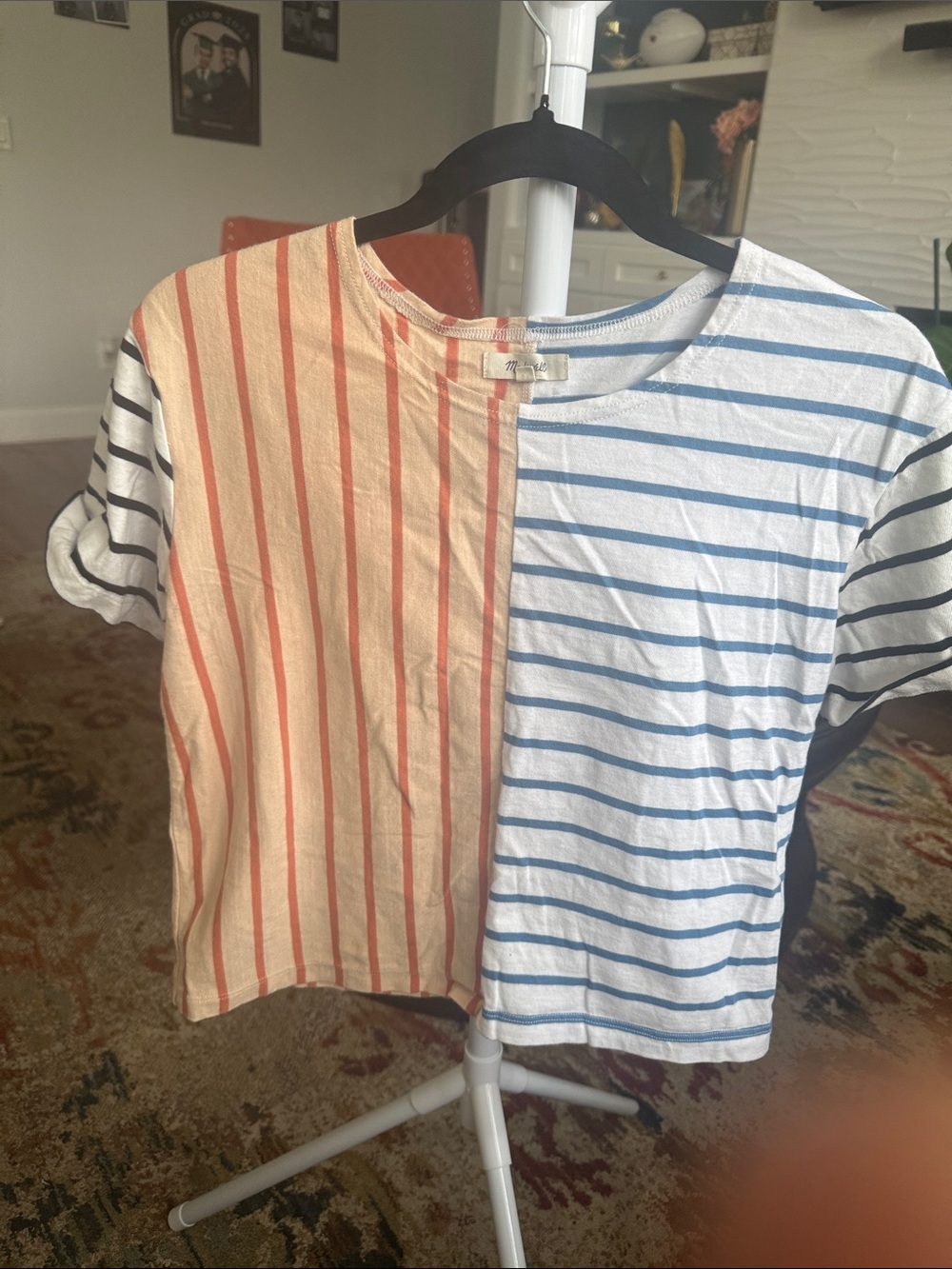 Madewell Split-Panel Striped Crop Tee in Peach & Blue